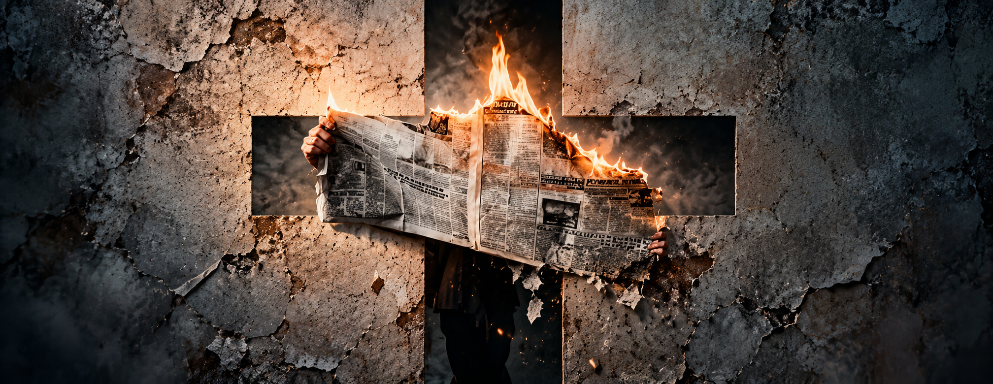 Cruz y periódico en llamas como representación conceptual de la crisis moral contemporánea