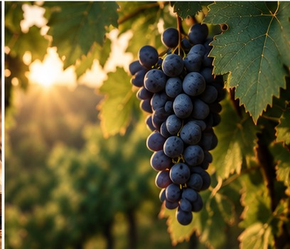 Racimo de uvas en una vid iluminada por el sol